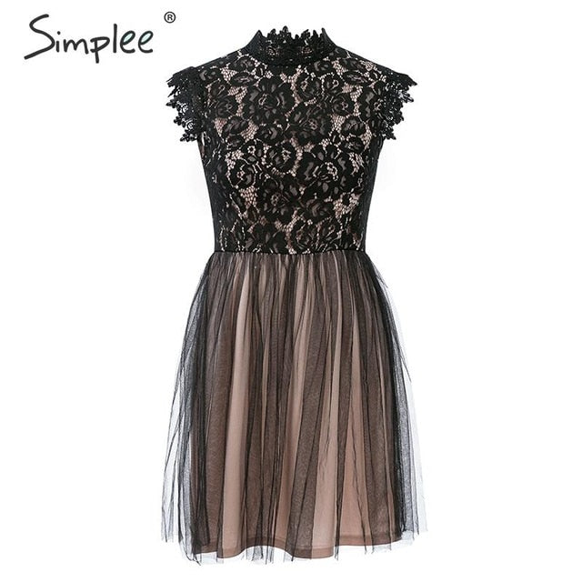 Simplee Women sleeveless lace dress Sexy embroidery floral black short party dress Ladies spring chic night club summer dress