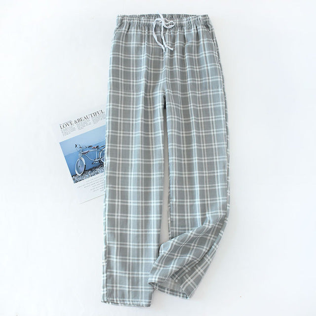 Men's Cotton Gauze Trousers Plaid Knitted Sleep Pants Mens Pajamas Pants Bottoms Sleepwear Pajama Short for Men Pijama Hombre