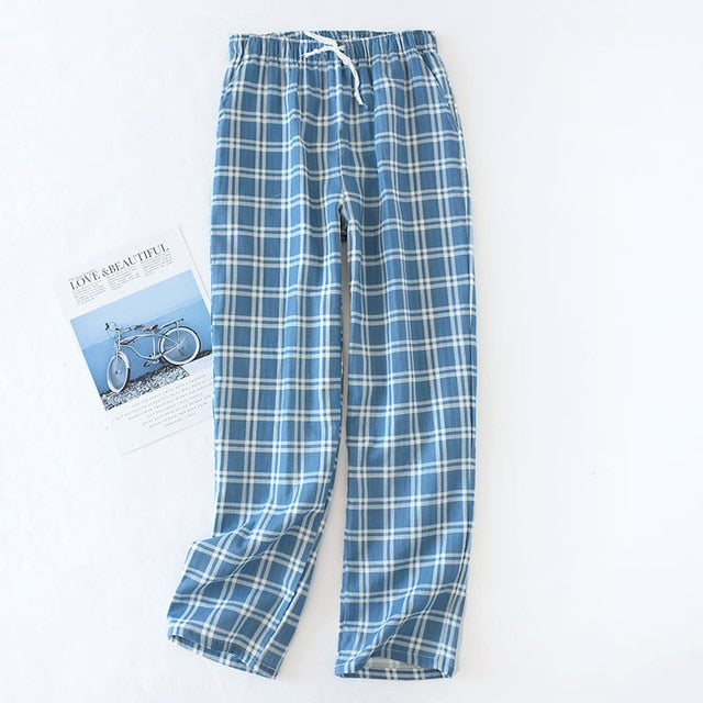 Men's Cotton Gauze Trousers Plaid Knitted Sleep Pants Mens Pajamas Pants Bottoms Sleepwear Pajama Short for Men Pijama Hombre