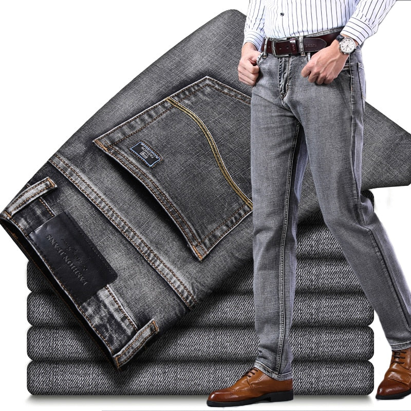 2020 Autumn Winter New Men's Stretch-fit Jeans Business Casual Classic Style Fashion Denim Trousers Male Black Blue Gray Pants