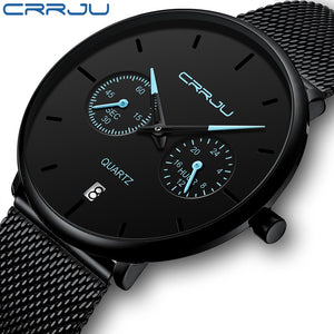 Mens Watches CRRJU Full Steel Casual Waterproof Watch for Man Sport Quartz Watch Men's Dress Calendar Watch Relogio Masculino