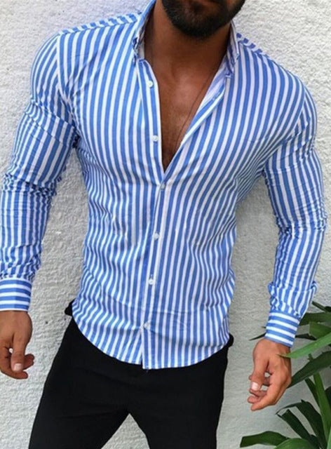 2020 Fashion Men Stripe Long Sleeve European Standard Slim Fit Formal Tops Spring Three Colors Men Shirt