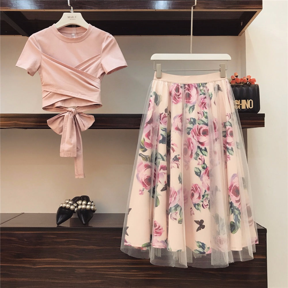 2020 HIGH QUALITY Women Irregular T Shirt+Mesh Skirts Suits Bowknot Solid Tops Vintage Floral Skirt Sets Elegant Woman Two Piece Set