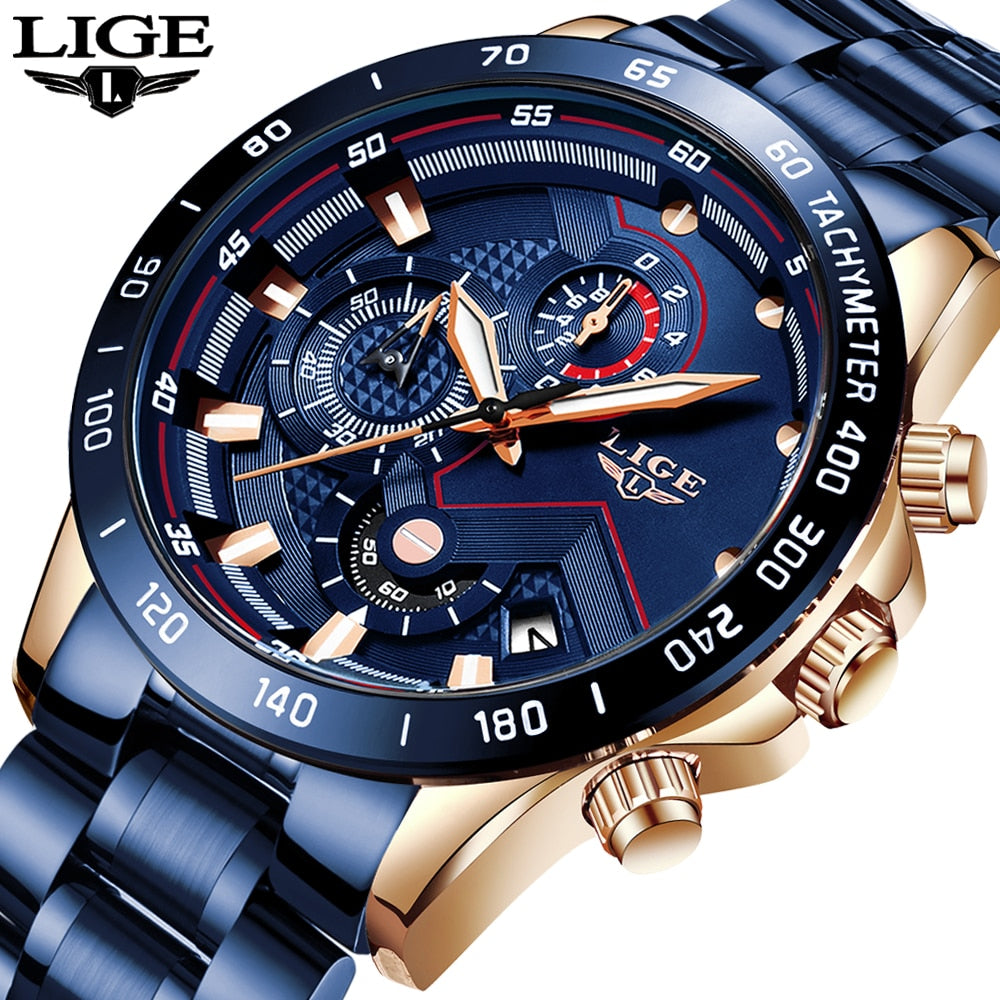 LIGE 2020 New Fashion Mens Watches with Stainless Steel Top Brand Luxury Sports Chronograph Quartz Watch Men Relogio Masculino