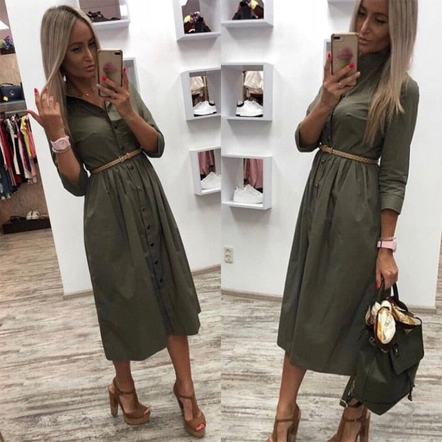 Women Casual Sashes a Line Party Dress Ladies Button Turn Down Collar OL Style Shirt Dress 2020 Summer Solid Knee Dress