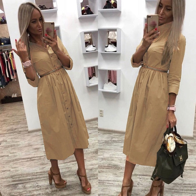 Women Casual Sashes a Line Party Dress Ladies Button Turn Down Collar OL Style Shirt Dress 2020 Summer Solid Knee Dress