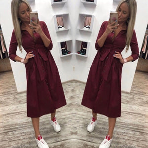 Women Casual Sashes a Line Party Dress Ladies Button Turn Down Collar OL Style Shirt Dress 2020 Summer Solid Knee Dress