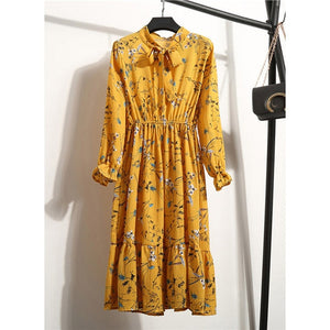 Women Casual Autumn Dress Lady Korean Style Vintage Floral Printed Chiffon Shirt Dress Winter Long Sleeve Bow Midi Dress Vestido
