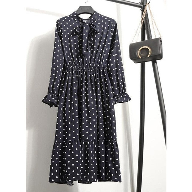 Women Casual Autumn Dress Lady Korean Style Vintage Floral Printed Chiffon Shirt Dress Winter Long Sleeve Bow Midi Dress Vestido