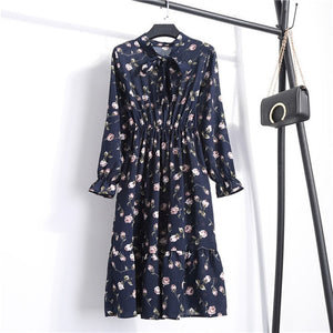 Women Casual Autumn Dress Lady Korean Style Vintage Floral Printed Chiffon Shirt Dress Winter Long Sleeve Bow Midi Dress Vestido