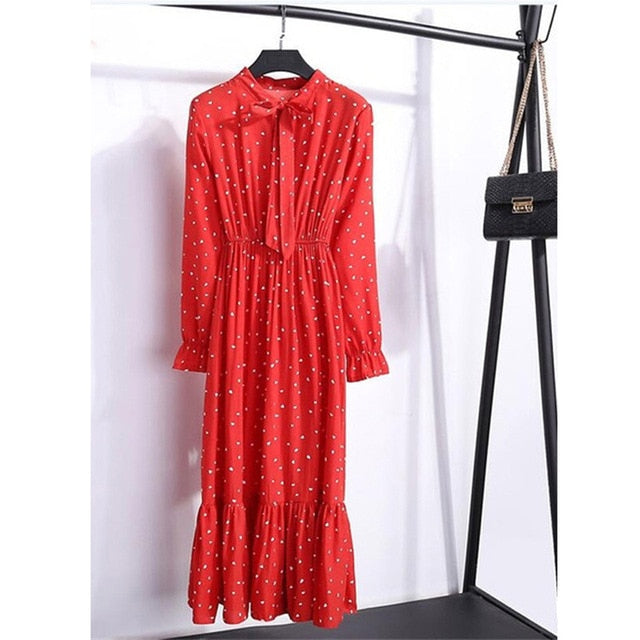 Women Casual Autumn Dress Lady Korean Style Vintage Floral Printed Chiffon Shirt Dress Winter Long Sleeve Bow Midi Dress Vestido