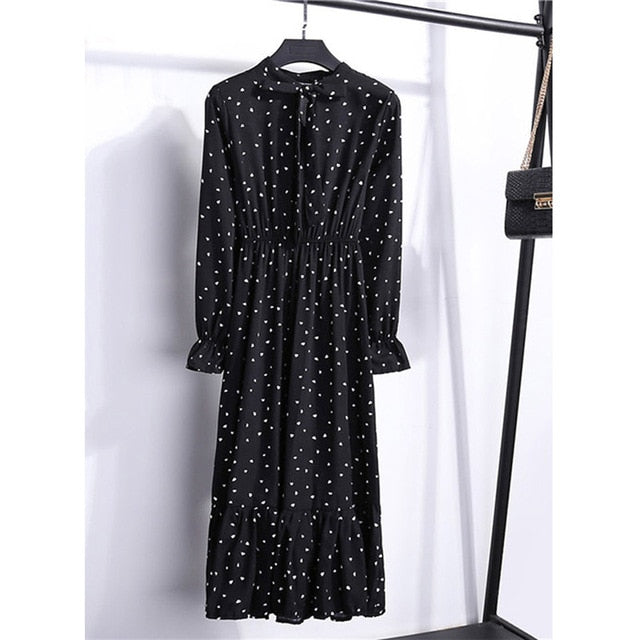 Women Casual Autumn Dress Lady Korean Style Vintage Floral Printed Chiffon Shirt Dress Winter Long Sleeve Bow Midi Dress Vestido