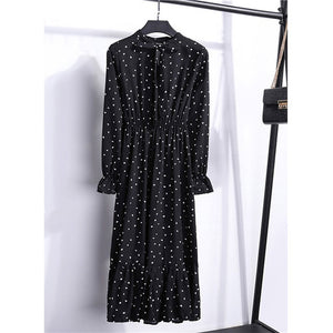 Women Casual Autumn Dress Lady Korean Style Vintage Floral Printed Chiffon Shirt Dress Winter Long Sleeve Bow Midi Dress Vestido