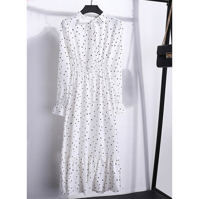 Women Casual Autumn Dress Lady Korean Style Vintage Floral Printed Chiffon Shirt Dress Winter Long Sleeve Bow Midi Dress Vestido