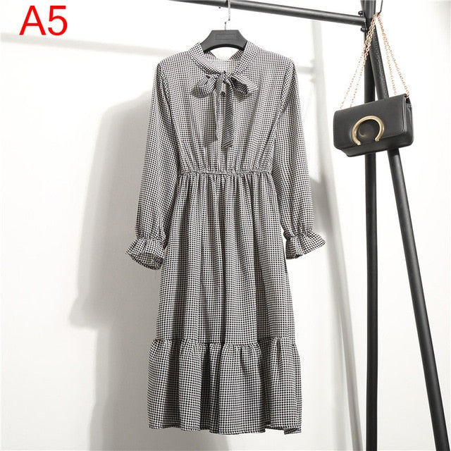 Women Casual Autumn Dress Lady Korean Style Vintage Floral Printed Chiffon Shirt Dress Winter Long Sleeve Bow Midi Dress Vestido