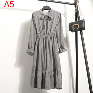 Women Casual Autumn Dress Lady Korean Style Vintage Floral Printed Chiffon Shirt Dress Winter Long Sleeve Bow Midi Dress Vestido