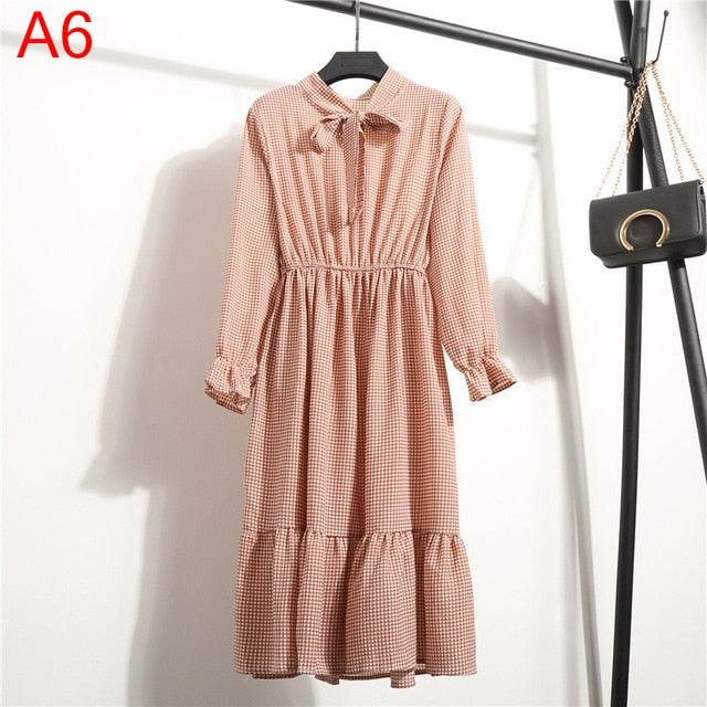Women Casual Autumn Dress Lady Korean Style Vintage Floral Printed Chiffon Shirt Dress Winter Long Sleeve Bow Midi Dress Vestido