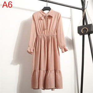 Women Casual Autumn Dress Lady Korean Style Vintage Floral Printed Chiffon Shirt Dress Winter Long Sleeve Bow Midi Dress Vestido
