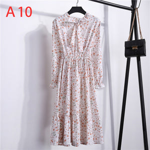 Women Casual Autumn Dress Lady Korean Style Vintage Floral Printed Chiffon Shirt Dress Winter Long Sleeve Bow Midi Dress Vestido