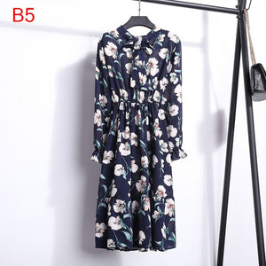 Women Casual Autumn Dress Lady Korean Style Vintage Floral Printed Chiffon Shirt Dress Winter Long Sleeve Bow Midi Dress Vestido