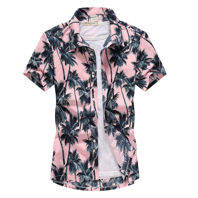 Pink Hawaiian Beach Short Sleeve Shirt Men 2020 Summer Fashion Palm Tree Print Tropical Aloha Shirts Mens Party Holiday Chemise