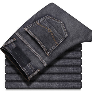 2020 Autumn Winter New Men's Stretch-fit Jeans Business Casual Classic Style Fashion Denim Trousers Male Black Blue Gray Pants