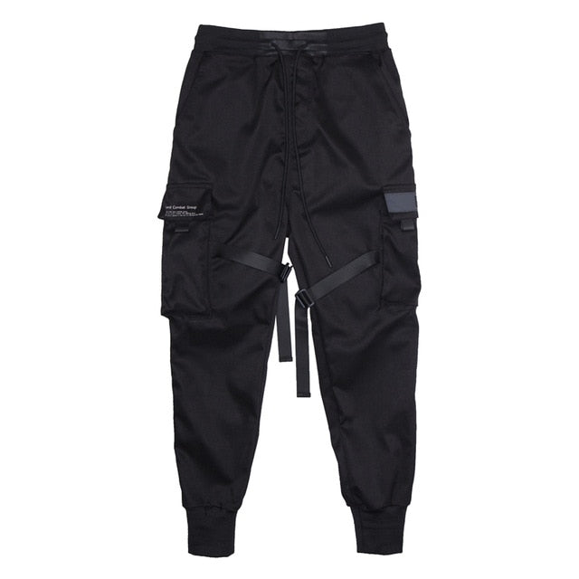 Men Ribbons Color Block Black Pocket Cargo Pants 2020 Harem Joggers Harajuku Sweatpant Hip Hop Trousers